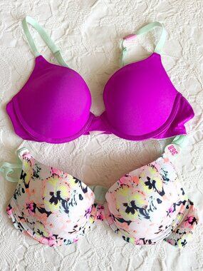NWT Victoria’s Secret PINK 36B Push-Up Bra Bundle (2) Purple Pink + Floral